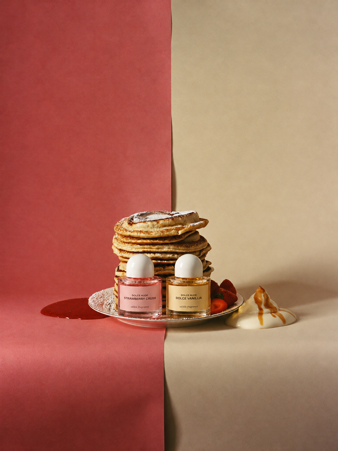 Strawberry Crush and Dolce Vanillia edible fragrances by DOLCE NUDE, with pancakes, strawberries and whipped cream