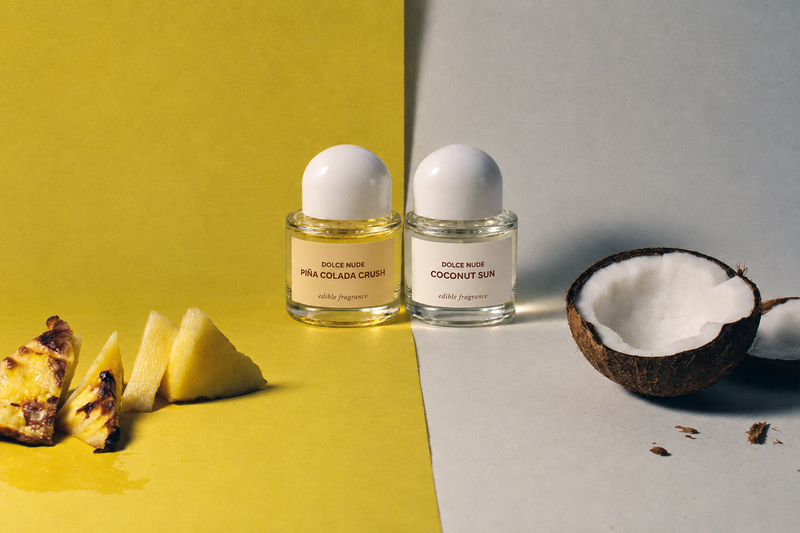 Piña Colada Crush and Coconut Sun edible fragrances by DOLCE NUDE, with fresh pineapple and coconut