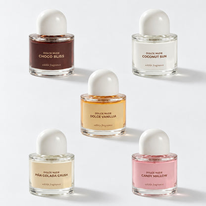 THE FULL SET — five 50 ml DOLCE NUDE edible fragrances: Choco Bliss, Coconut Sun, Dolce Vanillia, Pina Colada Crush, Candy Mallow
