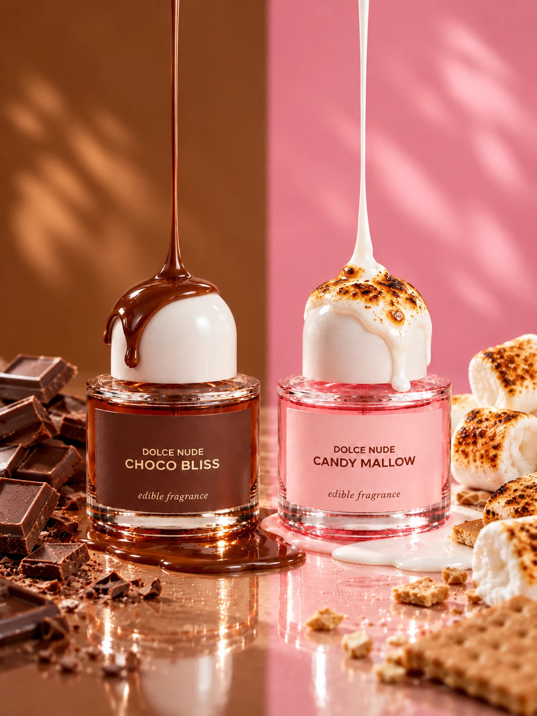 Choco Bliss and Candy Mallow edible fragrances by DOLCE NUDE, with dark chocolate and toasted marshmallows