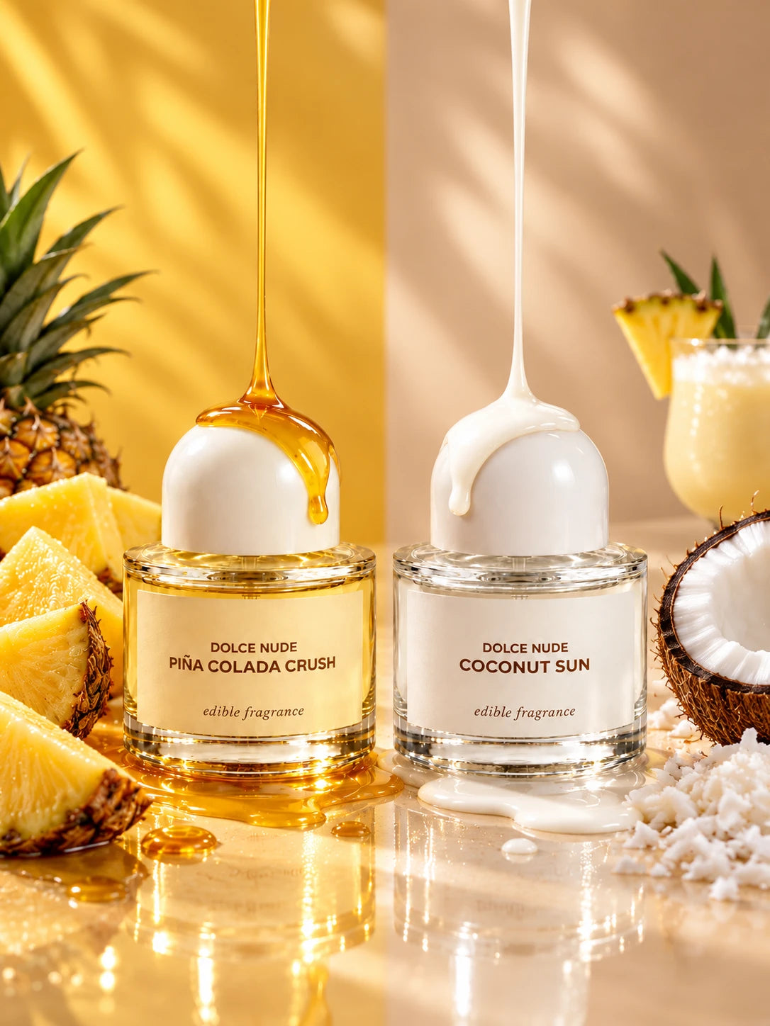 Piña Colada Crush and Coconut Sun edible fragrances by DOLCE NUDE, with pineapple and coconut