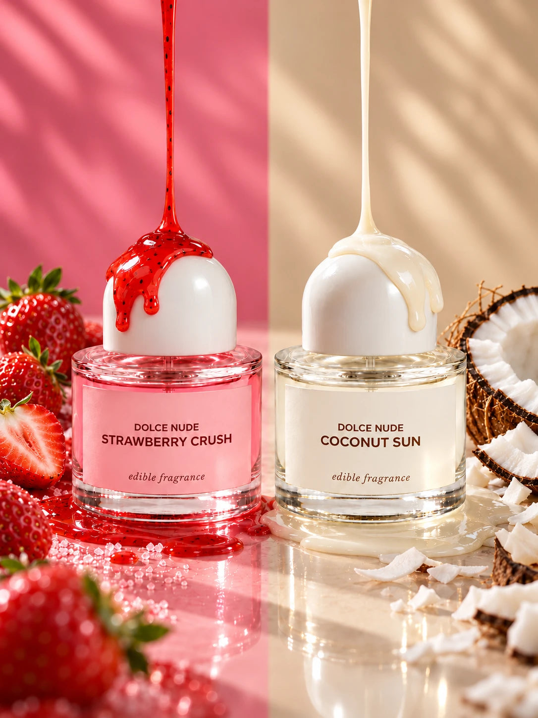Strawberry Crush and Coconut Sun edible fragrances by DOLCE NUDE, with fresh strawberries and coconut