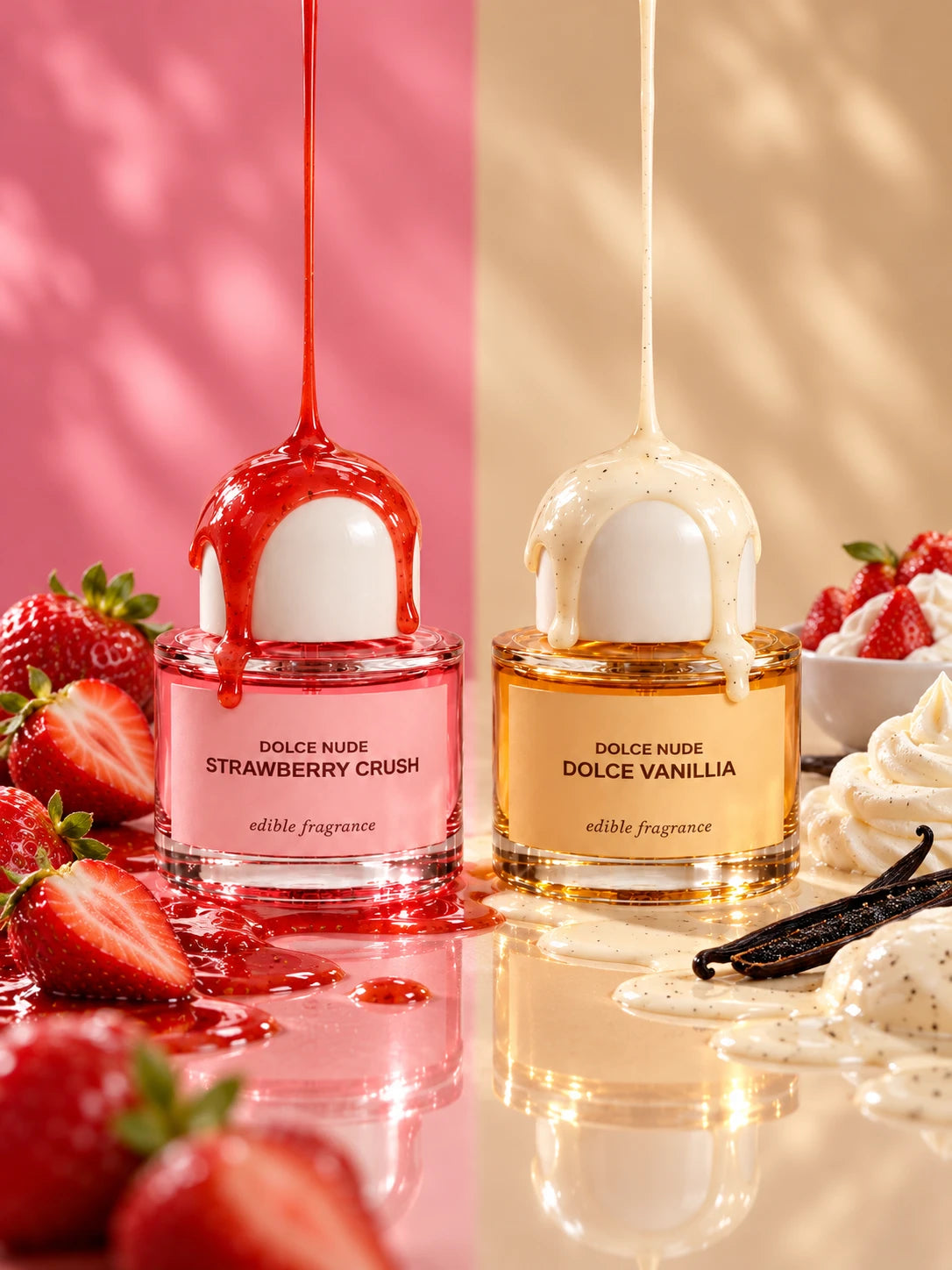 Strawberry Crush and Dolce Vanillia edible fragrances by DOLCE NUDE, with fresh strawberries, whipped cream and vanilla