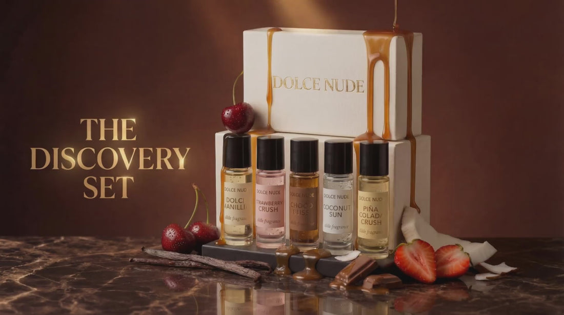 DOLCE NUDE edible fragrance animated product showcase video with fluid motion and luxury visual effects